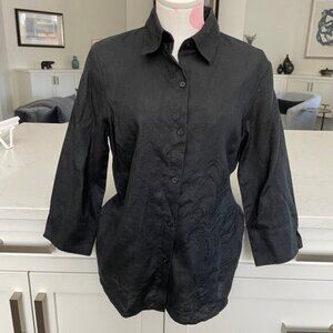 Nygard Collection 34 Slv Button DownLinen Blouse w Embroidery Black Sz 8